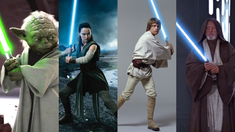 Yoda, Rey, Luke, and Obi-Wan adopting the classic grip.